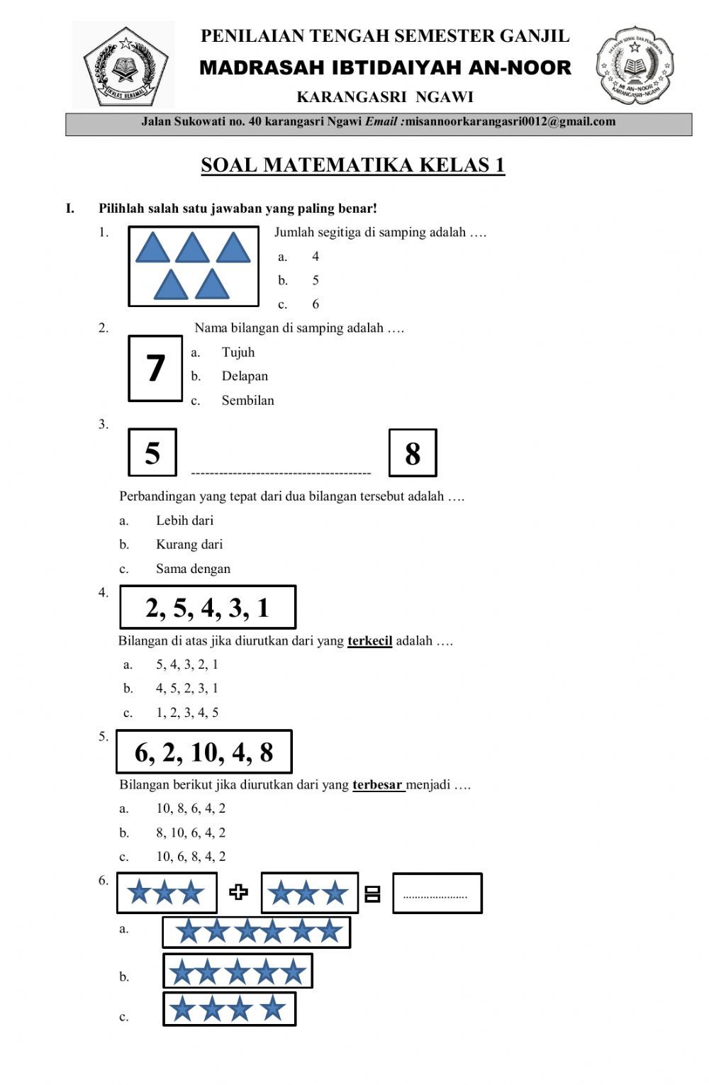 soal pts matematika kelas 1 semester 2